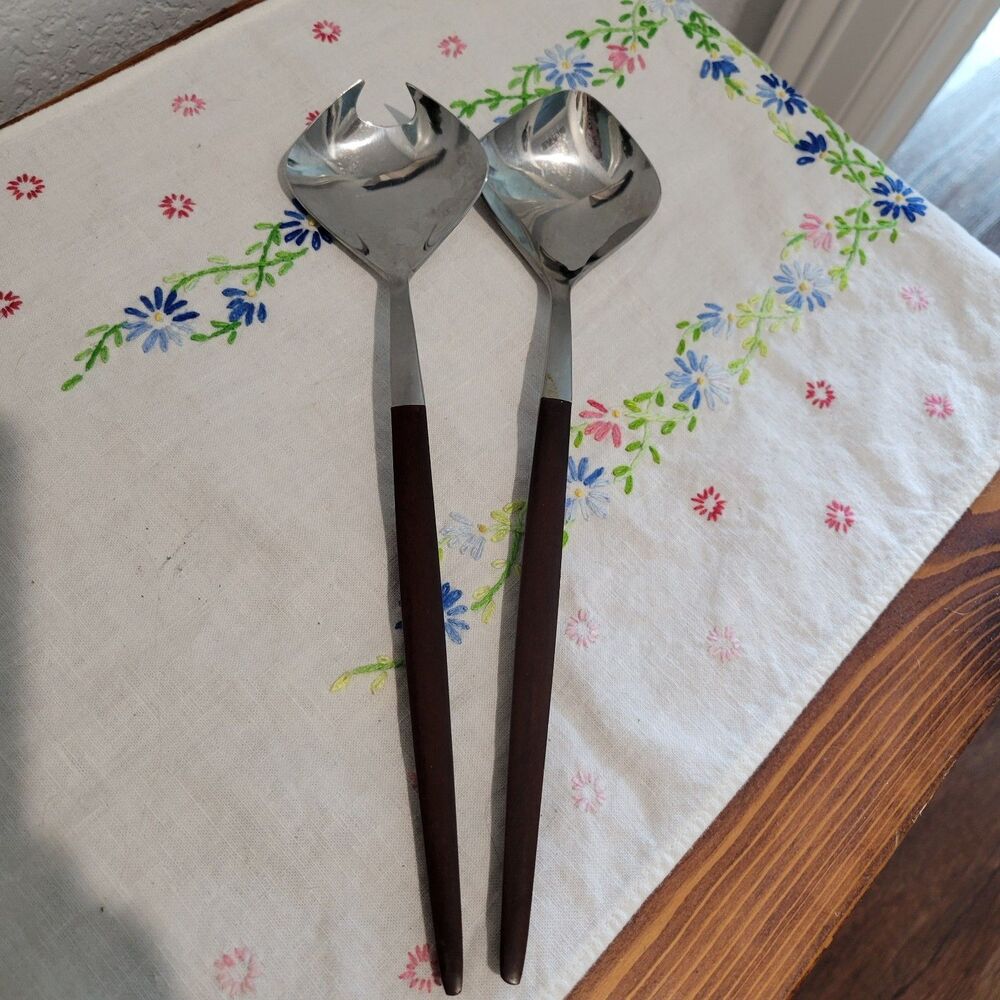 VTG 2pc Pyramid Stainless/Faux Wood Salad Servers 10 3/8" Japan EKCO Canoe Muffi